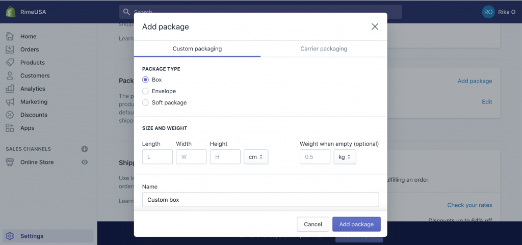 How to add packages in Shopify