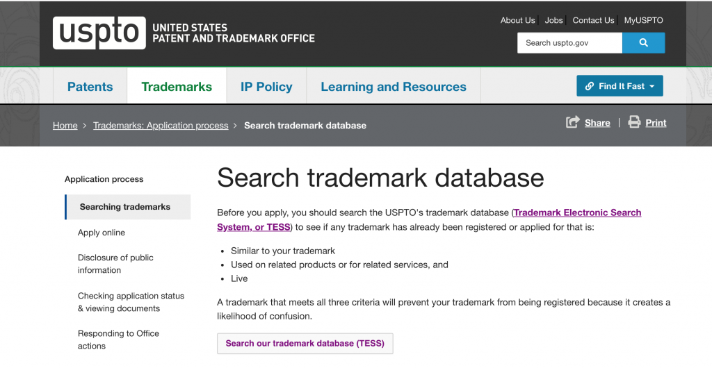 USPTO trademark databasse